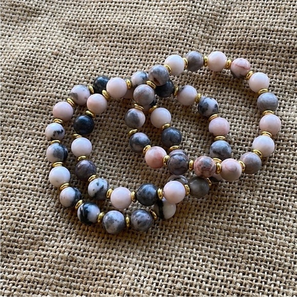Pink Zebra Stone stackable bracelets Lot 3 Elastic Stretch Size 7 inch New - Picture 2 of 6